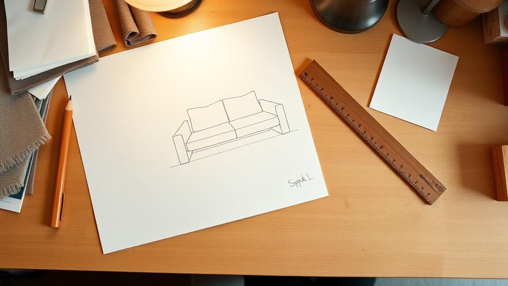 Designer's desk with sofa sketches, fabric swatches and a teak sample