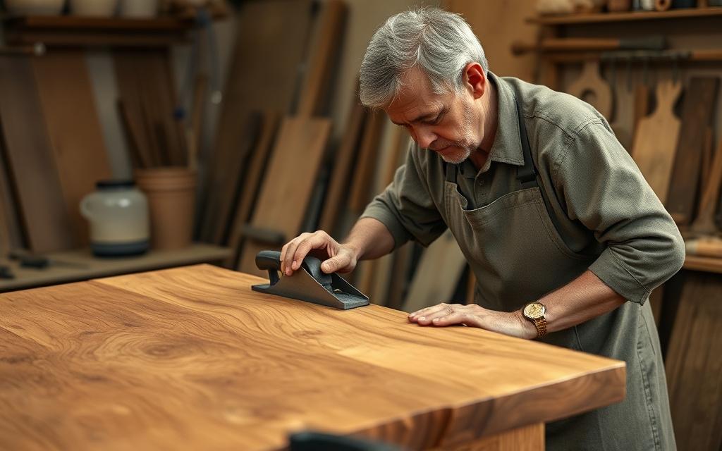 Master joiner hand-planing a teak edge at the Coachgear bench