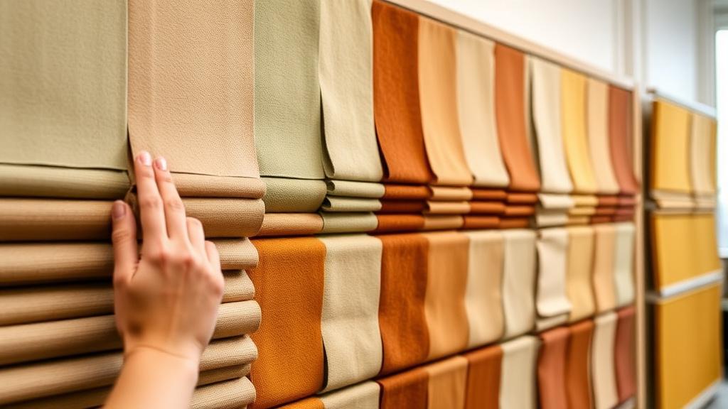 Rows of upholstery fabric swatches in earthy tones