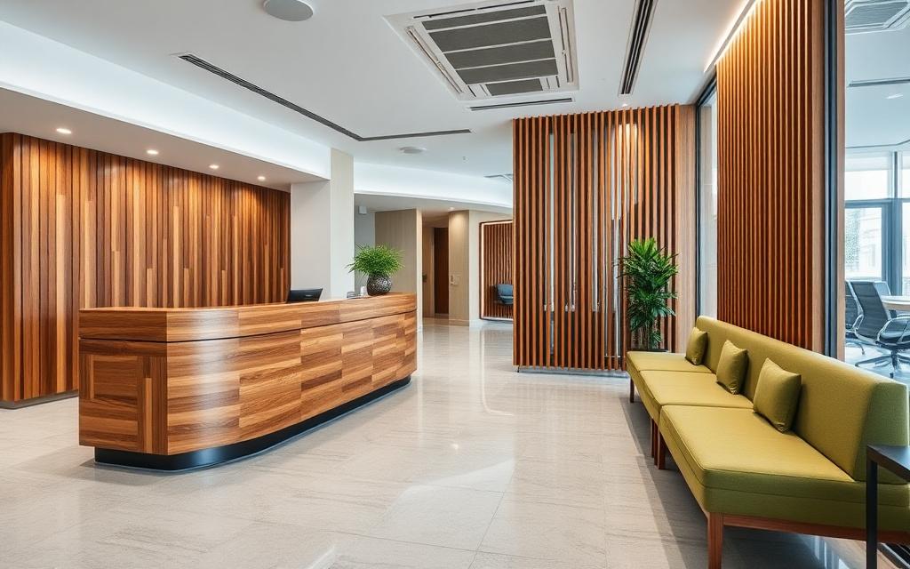 Johor office lobby with custom timber reception counter