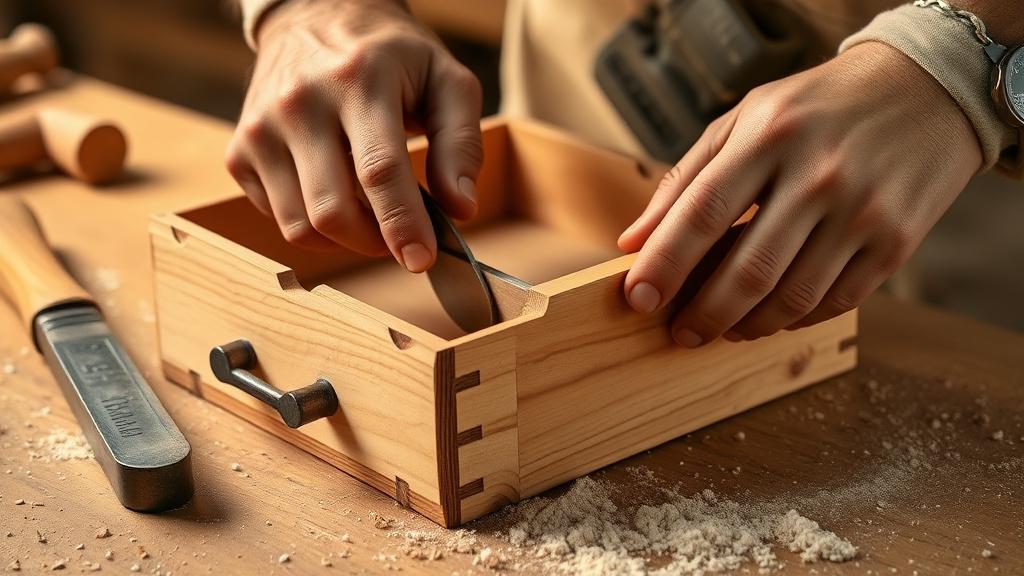 Woodworker assembling a dovetail drawer joint
