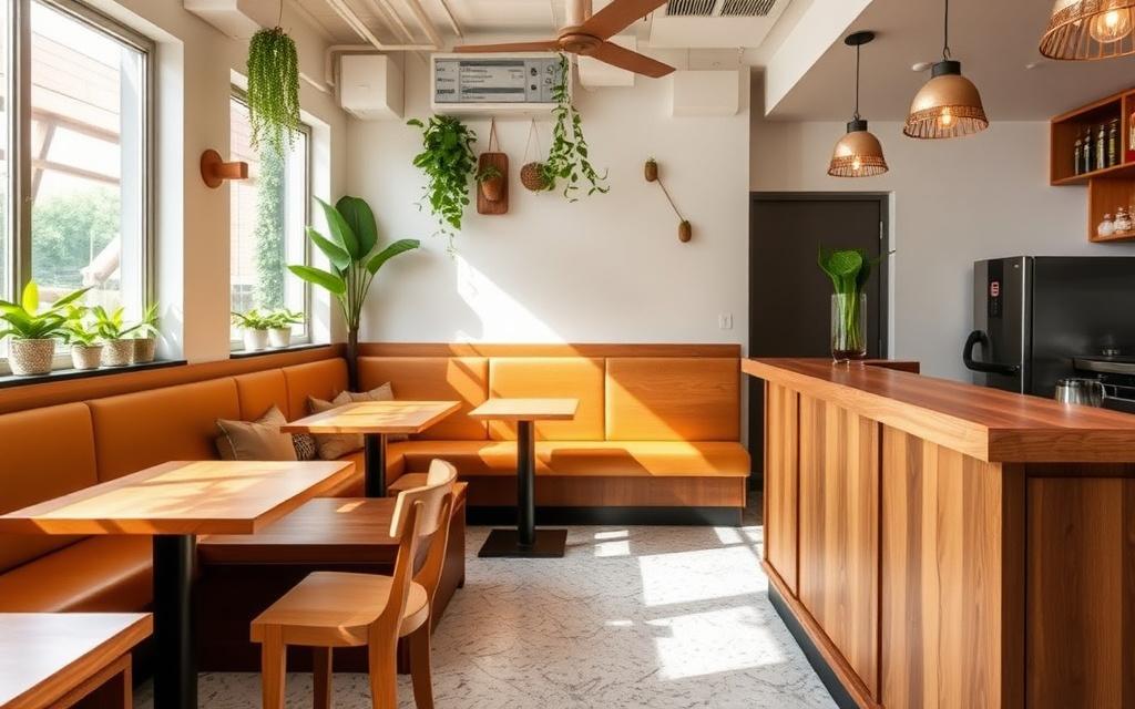 Cafe interior fitted with custom timber tables and banquettes