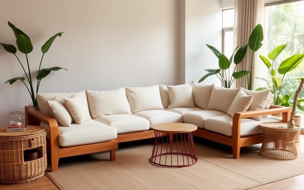 Custom sectional sofa with nyatoh frame and flax linen