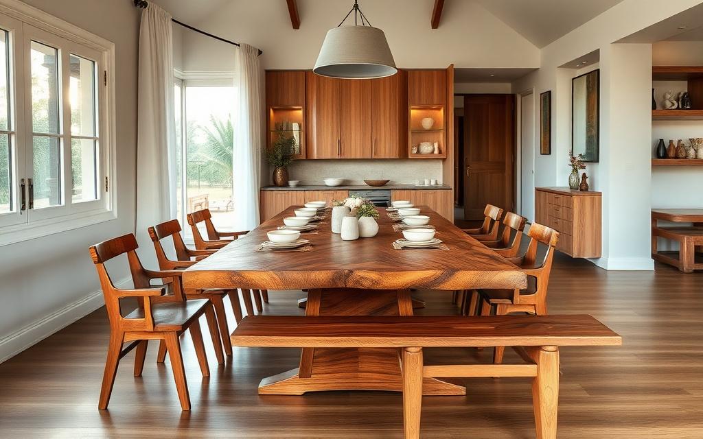 Long teak dining table with matching chairs and bench