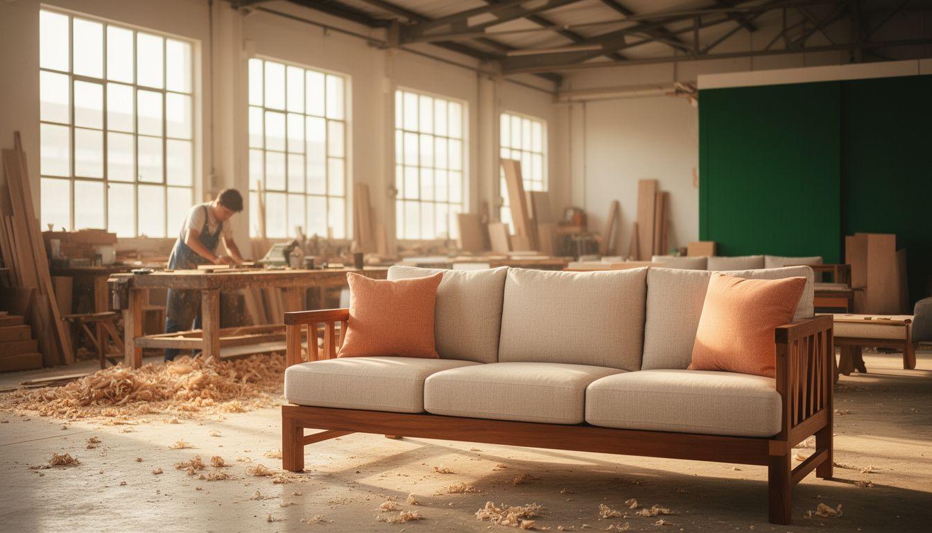 Handcrafted teak sofa on the Coachgear showfloor in Muar
