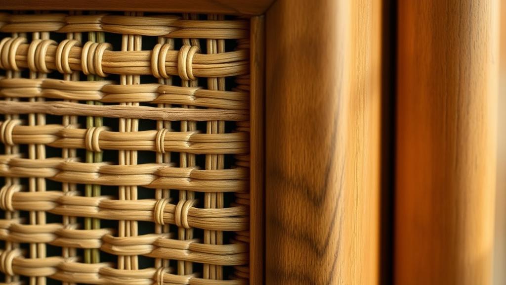 Close-up of woven rattan meeting a teak frame