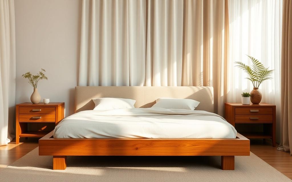 Low teak platform bed with fabric headboard
