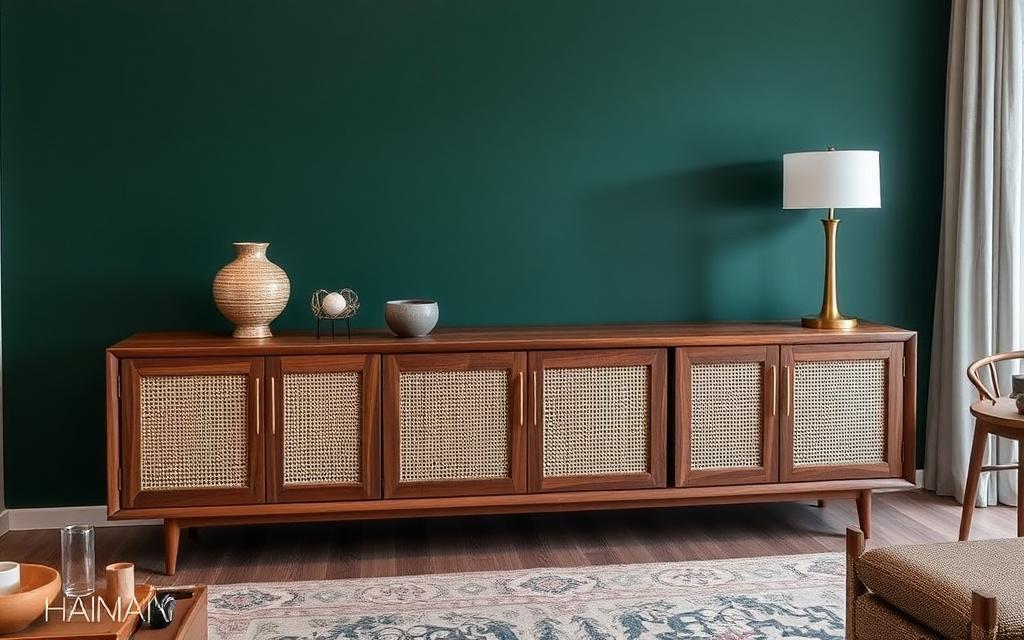 Walnut-stained media console with woven rattan doors